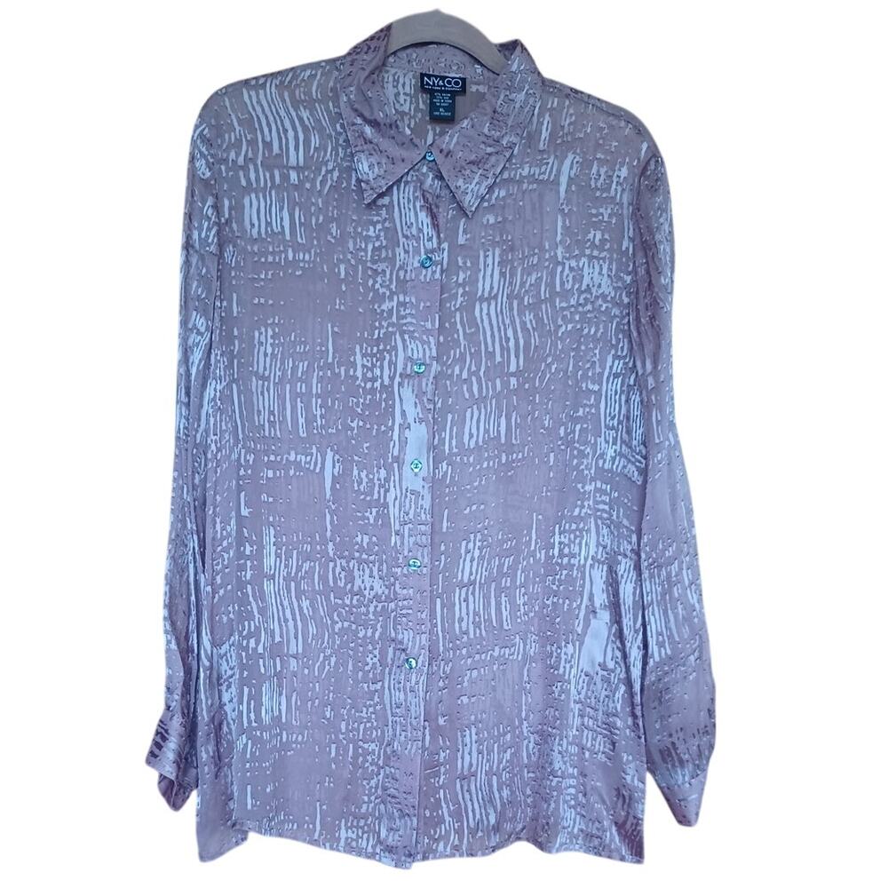 NY & CO Silk Burn Out Velvet Button Up Blouse Tunic Women's XL Pastel Pink Y2K